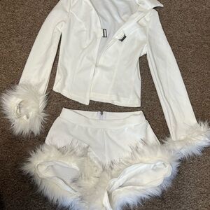 SHEIN White Plush Trim Jumpsuit